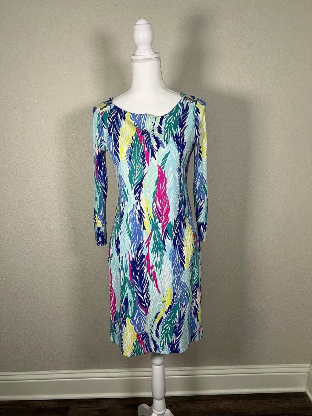 Lilly Pulitzer Light As A Feather Teal Pink Print Shift Dress 3/4 Sleeve Small